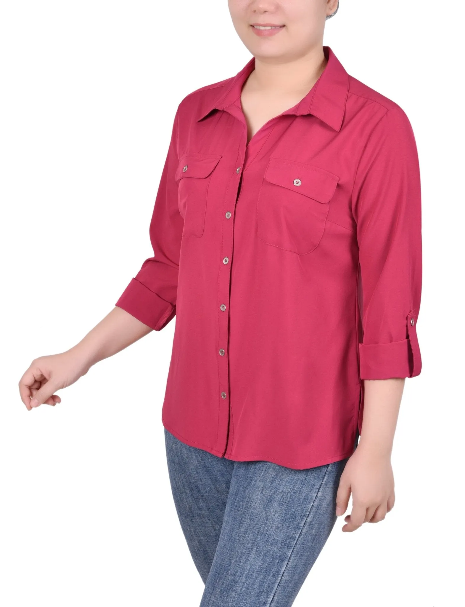 3/4 Roll Tab Blouse With Pockets - Petite