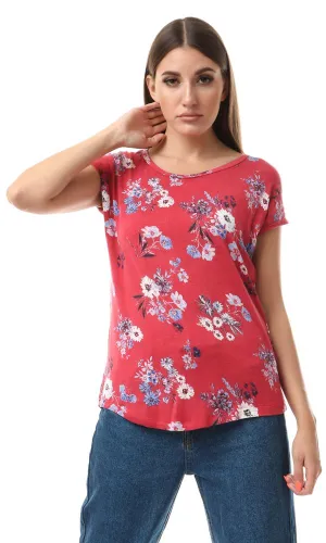 93000 Short Sleeves Floral Fluffy Red Comfy Top