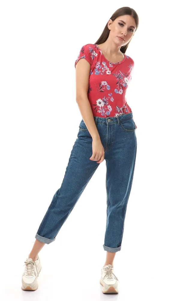 93000 Short Sleeves Floral Fluffy Red Comfy Top