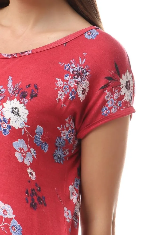 93000 Short Sleeves Floral Fluffy Red Comfy Top