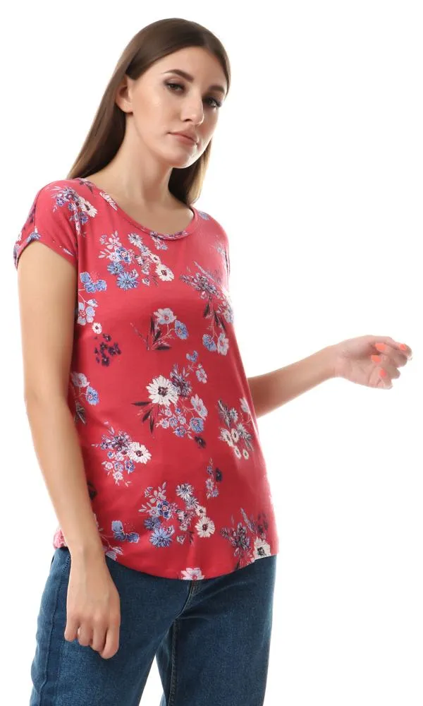 93000 Short Sleeves Floral Fluffy Red Comfy Top