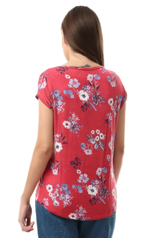 93000 Short Sleeves Floral Fluffy Red Comfy Top