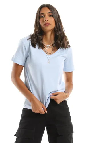 98294 Basic Everyday V-Neck Solid Summer Tee - Light Blue