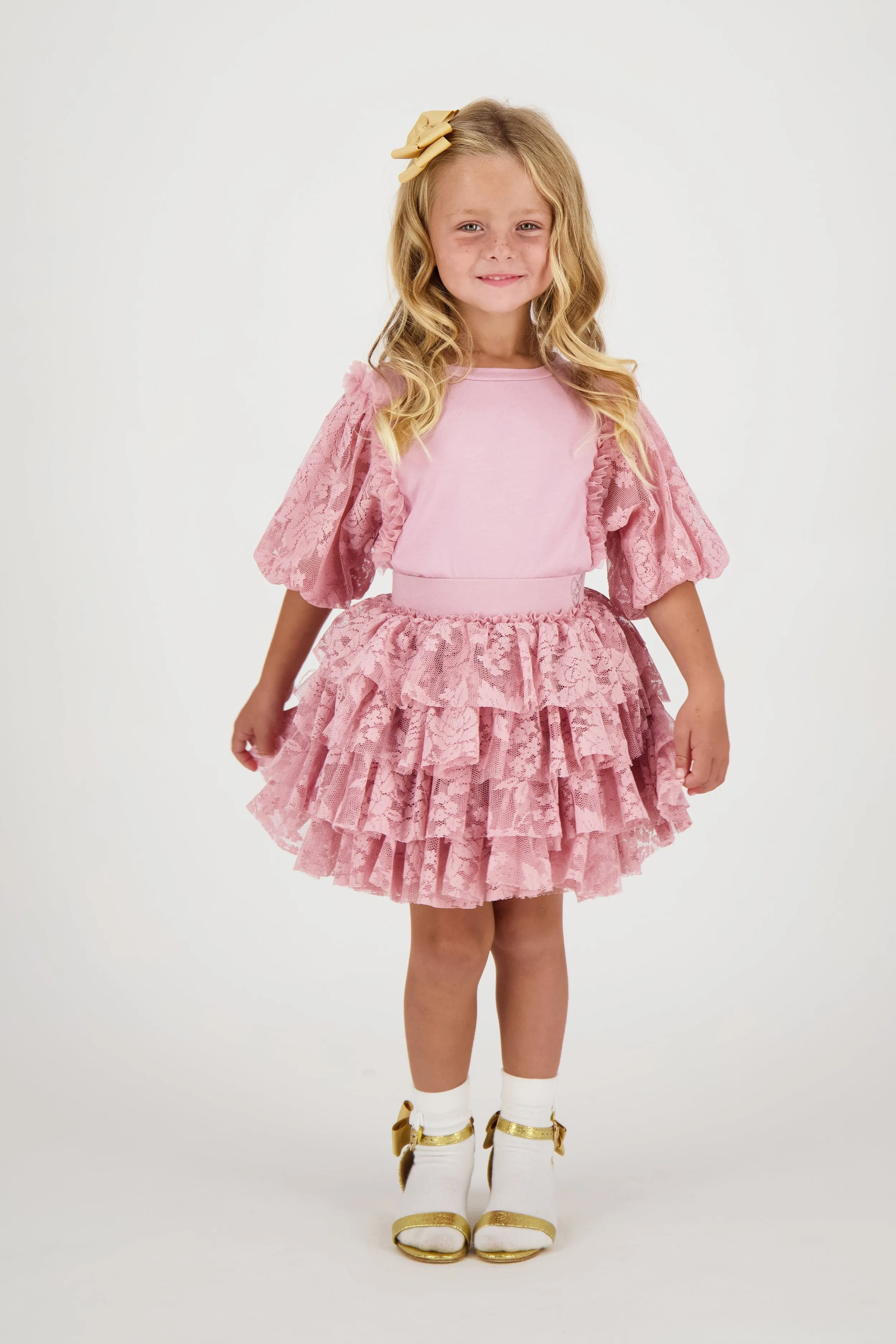 Angels Face Girls Vivian Lace Sleeve Top in Pink