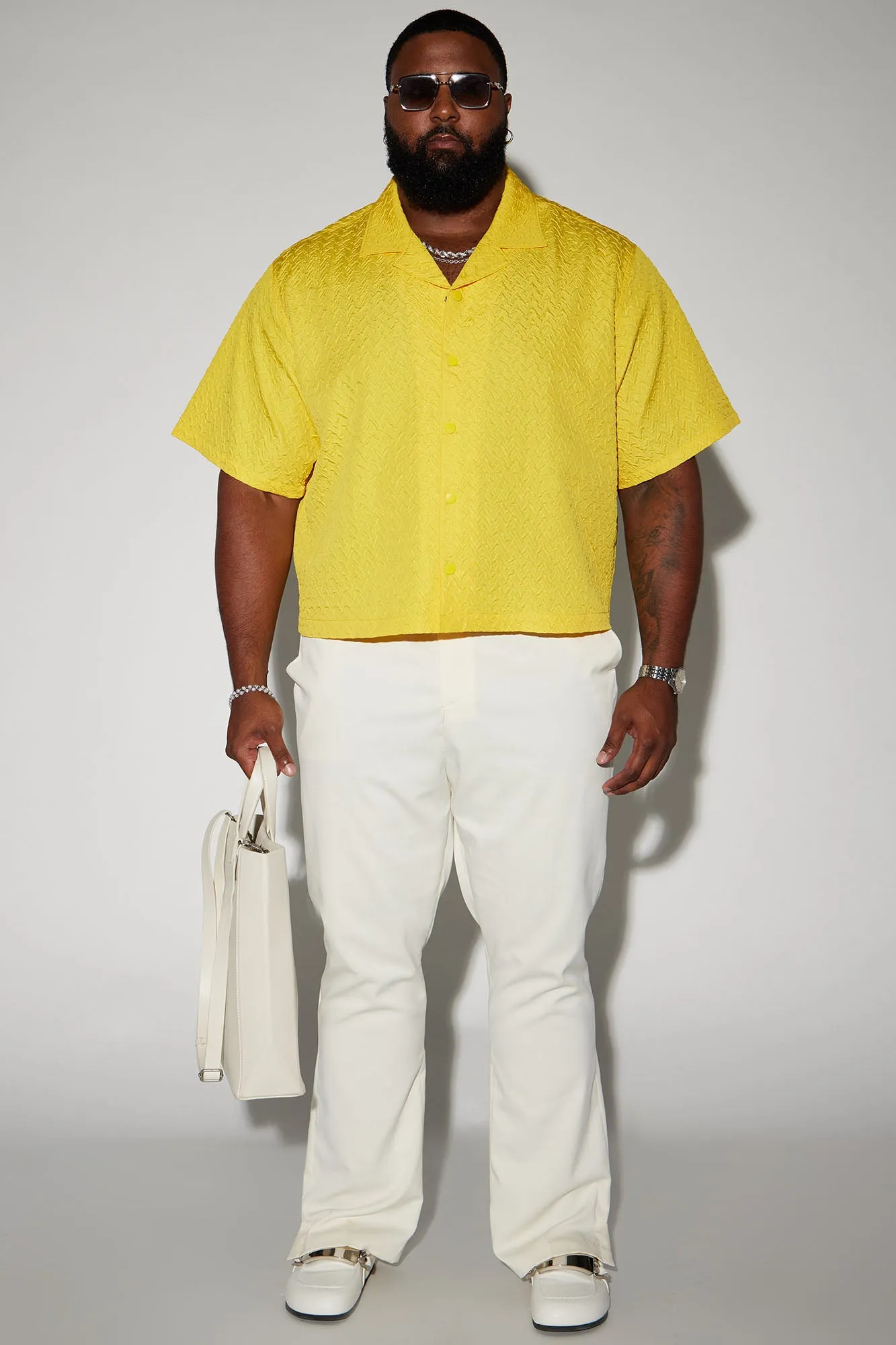 Apex Textured Cropped Button Up Shirt - Yellow