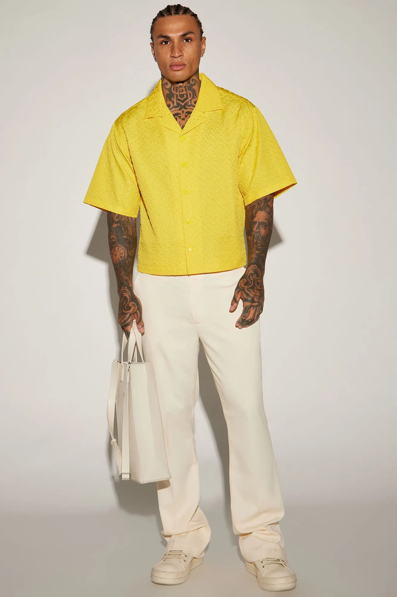 Apex Textured Cropped Button Up Shirt - Yellow