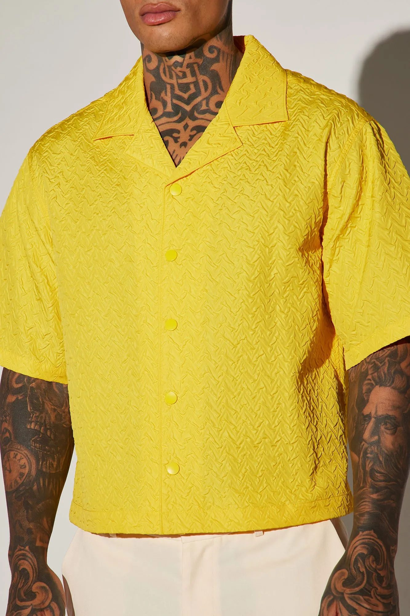 Apex Textured Cropped Button Up Shirt - Yellow