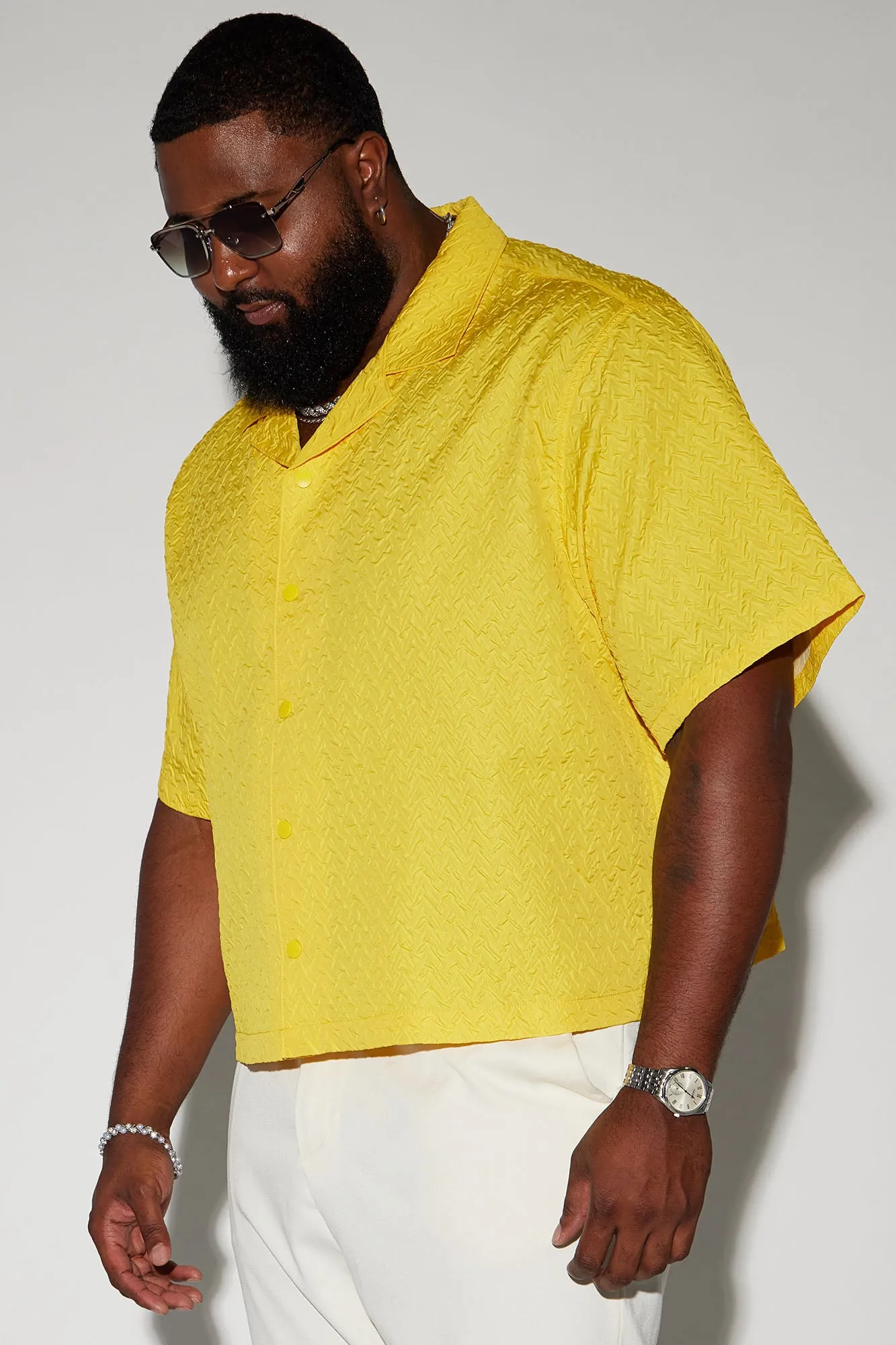 Apex Textured Cropped Button Up Shirt - Yellow