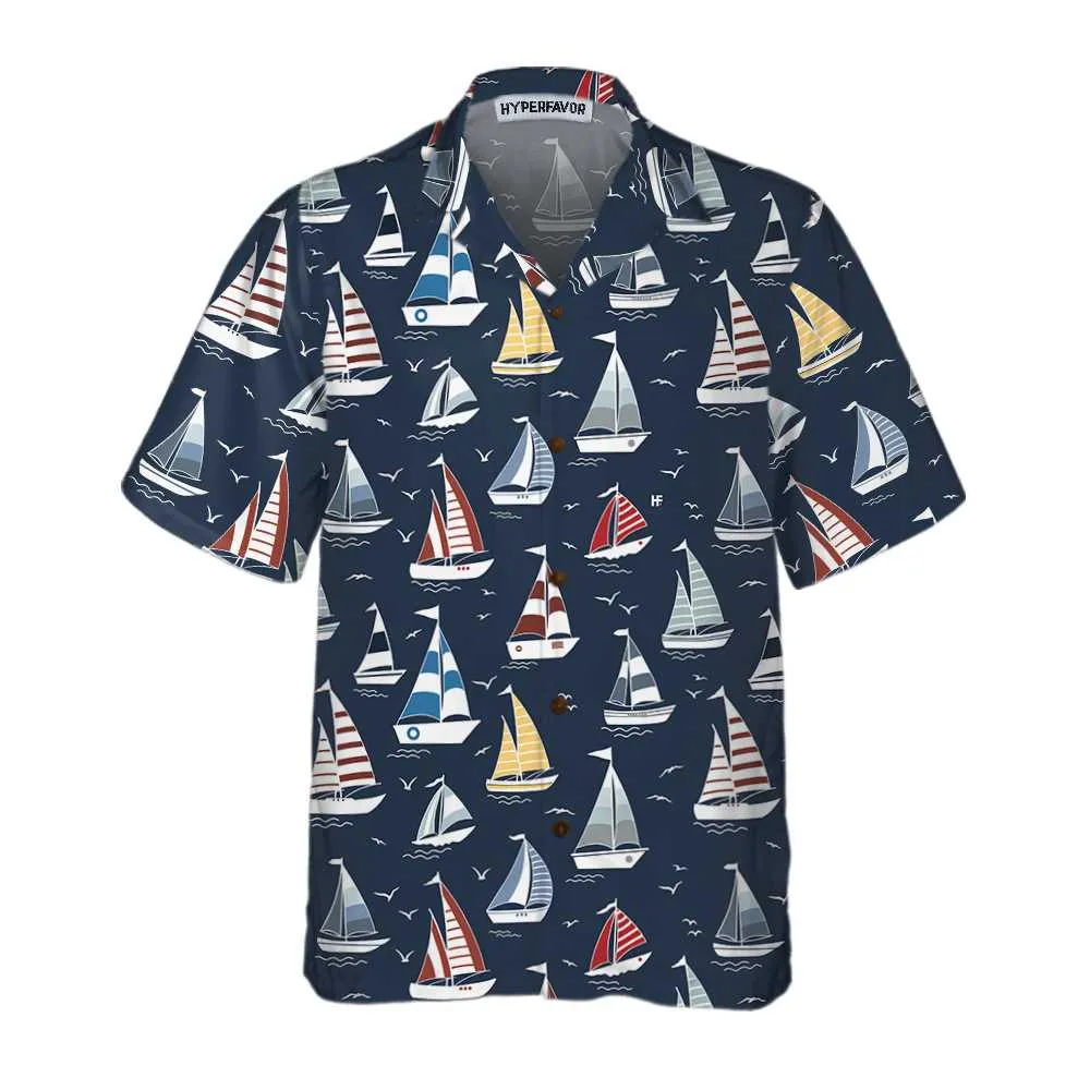 Cartoon Boat Pattern Hawaiian Shirt, Short Sleeve Sailboat Shirt, Unique Nautical Shirt