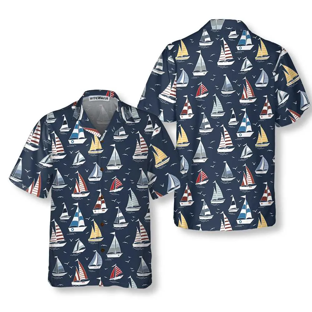 Cartoon Boat Pattern Hawaiian Shirt, Short Sleeve Sailboat Shirt, Unique Nautical Shirt