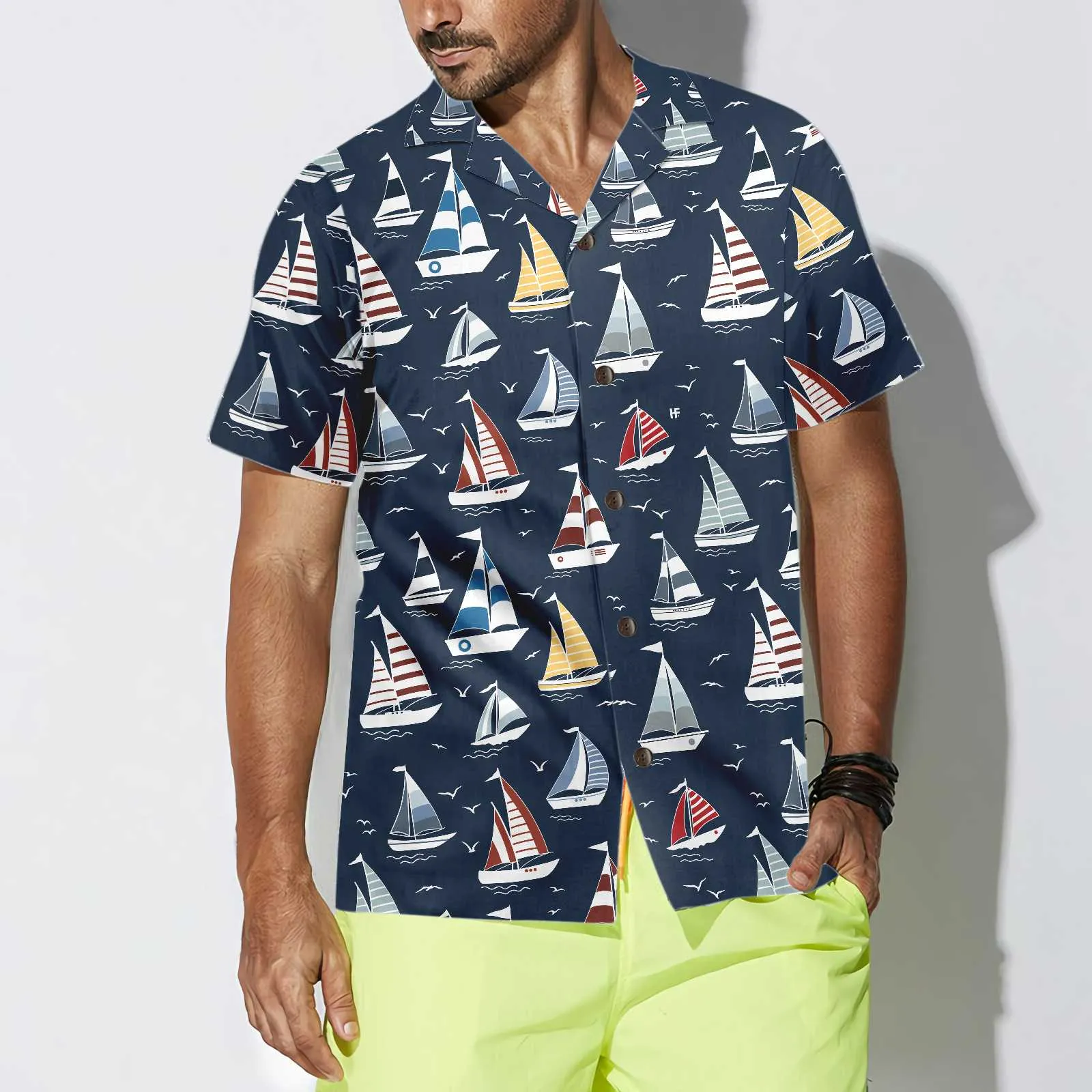 Cartoon Boat Pattern Hawaiian Shirt, Short Sleeve Sailboat Shirt, Unique Nautical Shirt
