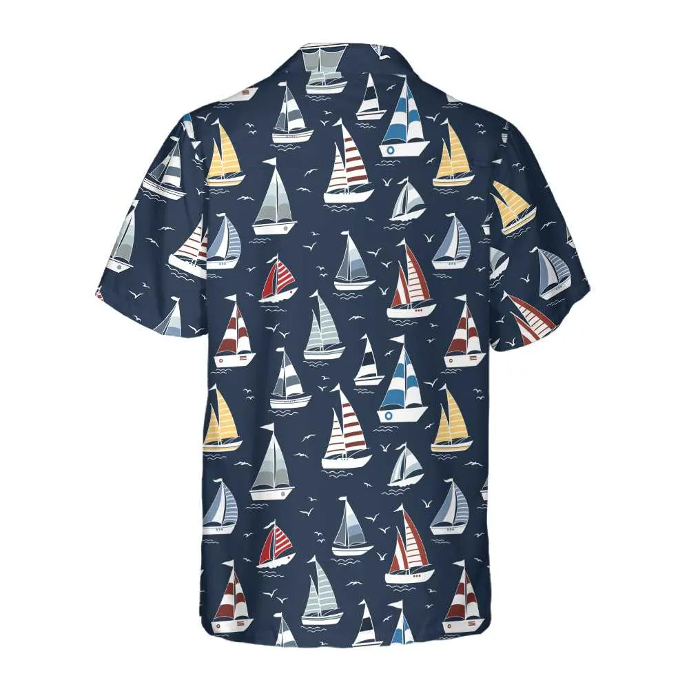 Cartoon Boat Pattern Hawaiian Shirt, Short Sleeve Sailboat Shirt, Unique Nautical Shirt