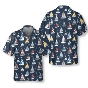 Cartoon Boat Pattern Hawaiian Shirt, Short Sleeve Sailboat Shirt, Unique Nautical Shirt