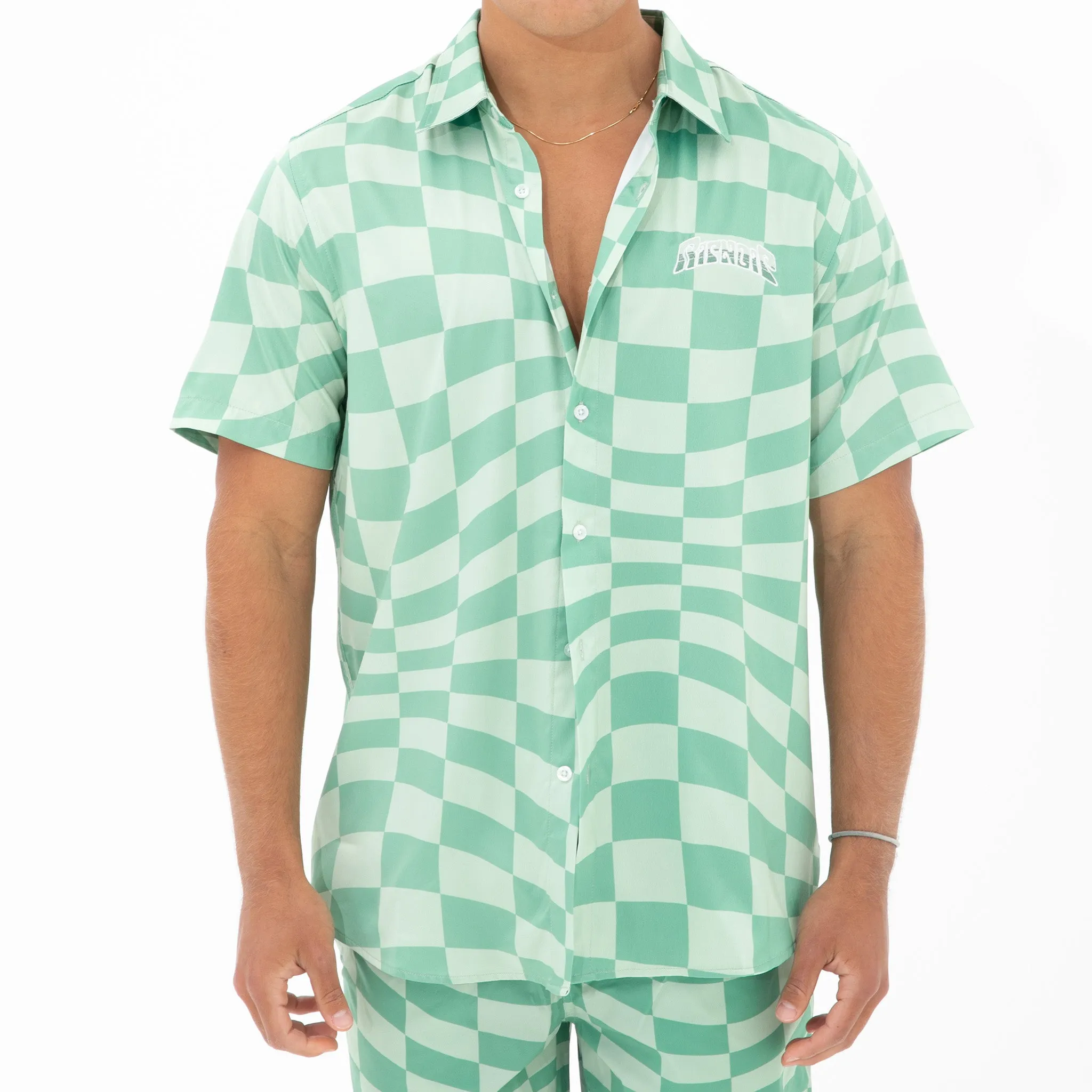 Checked Short Sleeve Button Up (Olive/Pine)
