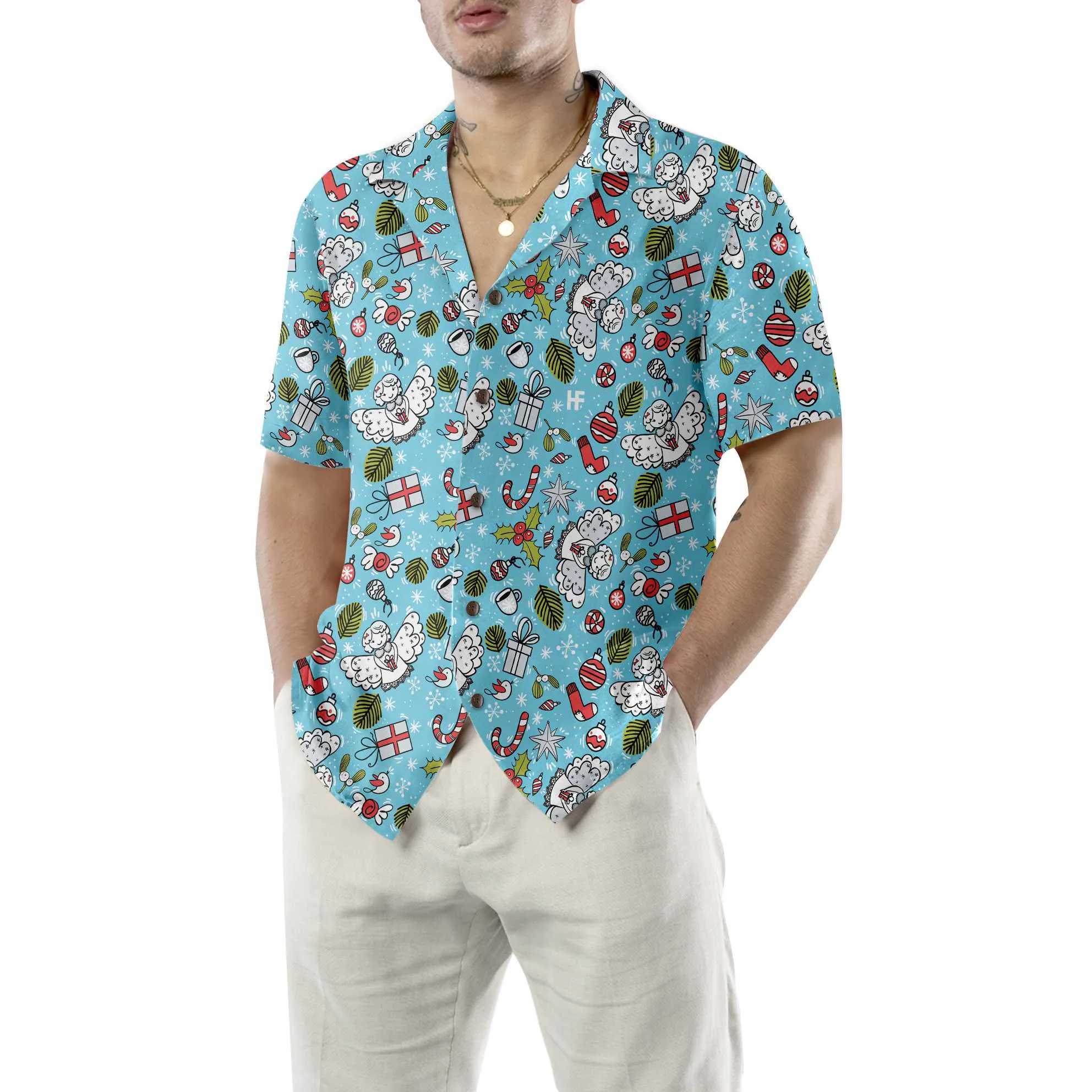Christmas Pattern With Angel Christmas Hawaiian Shirt, Best Gift For Christmas Day