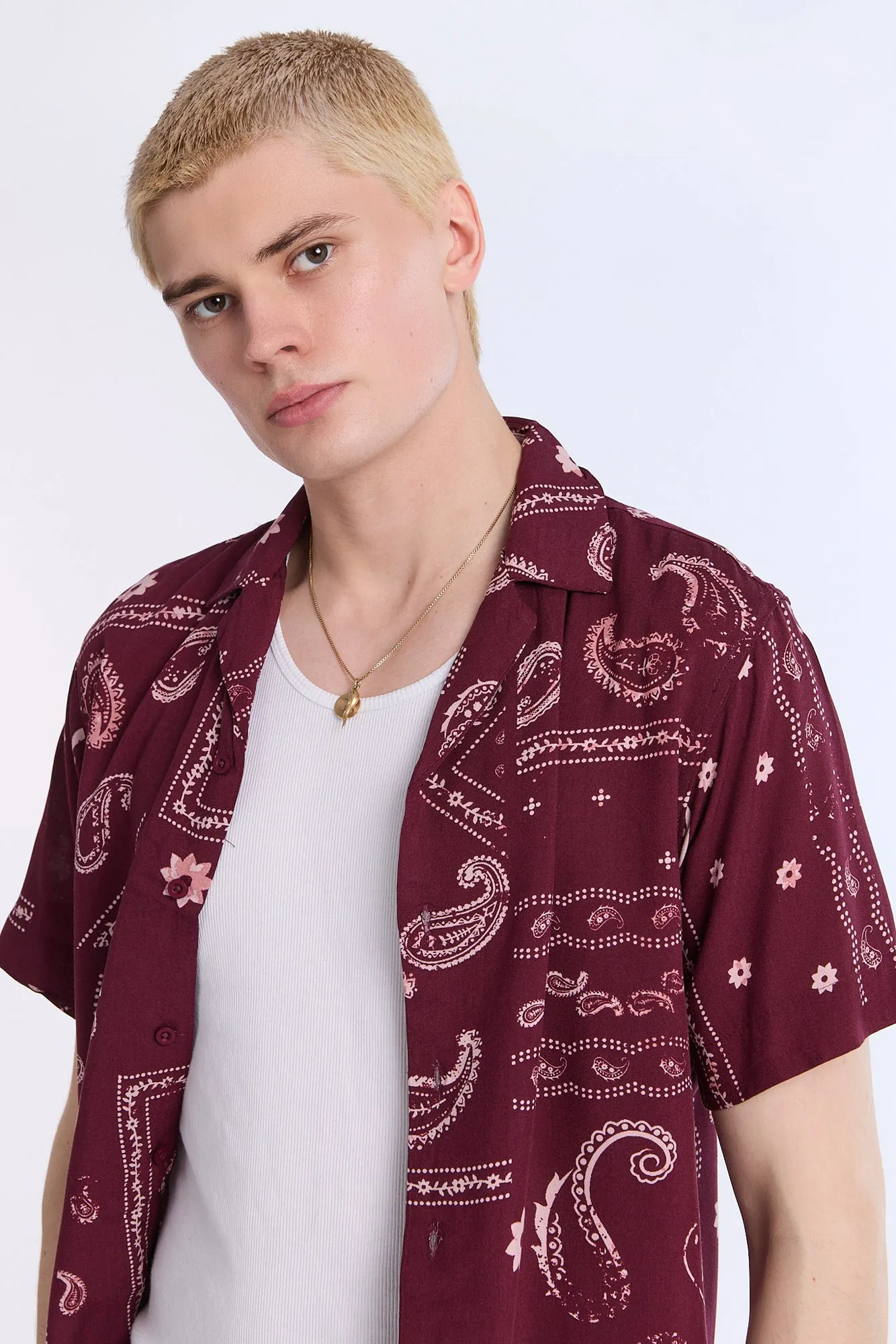 Distressed Bandana Short Sleeve Resort Shirt