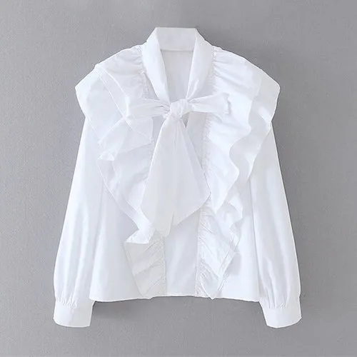 Elegant Bow Tie Collar Ruffles White Blouse Women