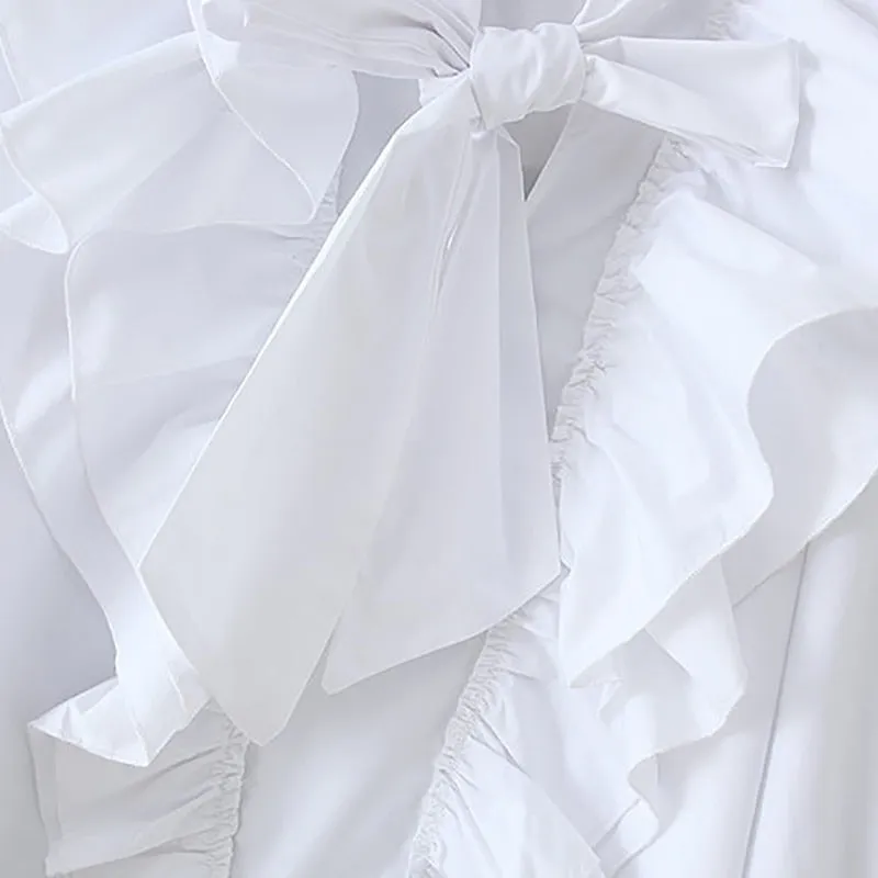 Elegant Bow Tie Collar Ruffles White Blouse Women