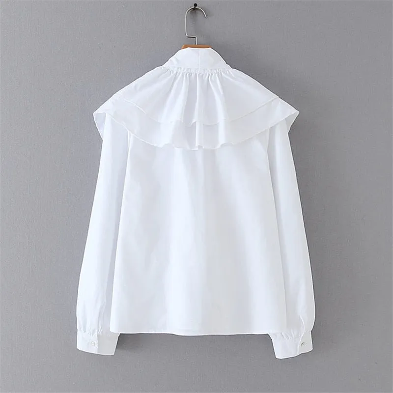 Elegant Bow Tie Collar Ruffles White Blouse Women