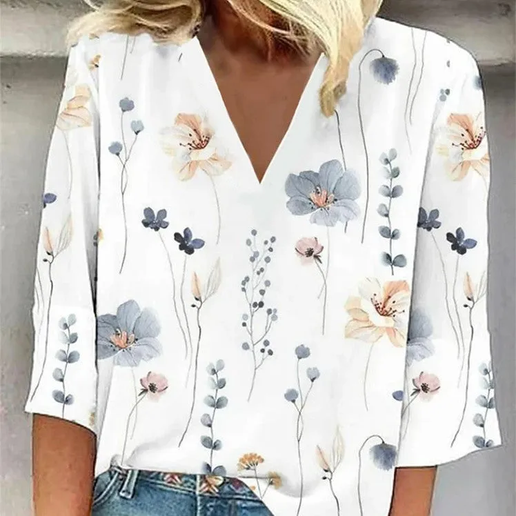 Fashion Printed Loose V-Neck Shirt