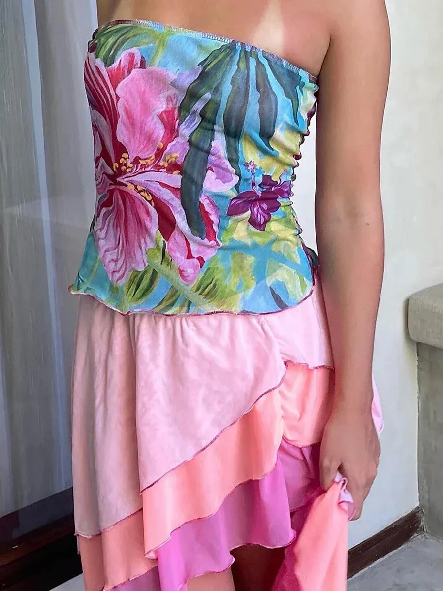 Floral Off Shoulder Backless Sleeveless Shirt Crop Slim Top