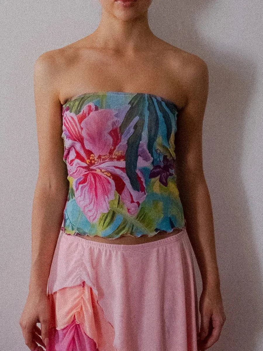 Floral Off Shoulder Backless Sleeveless Shirt Crop Slim Top