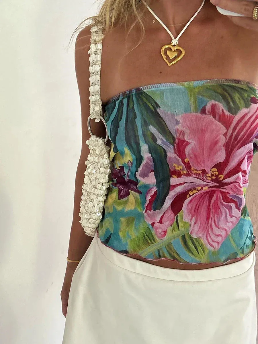 Floral Off Shoulder Backless Sleeveless Shirt Crop Slim Top