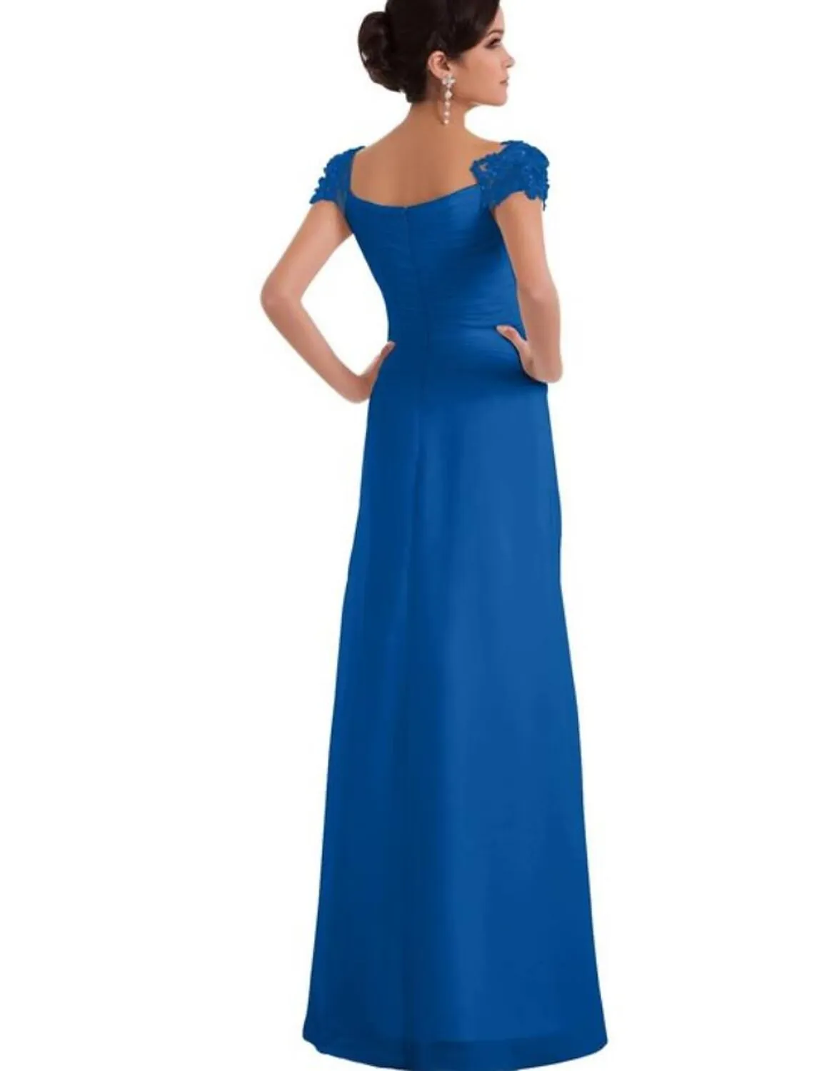 Luolandi A-Line Bridesmaid Dress Square Neck Short Sleeve Elegant Floor Length Chiffon with Lace Pure Color