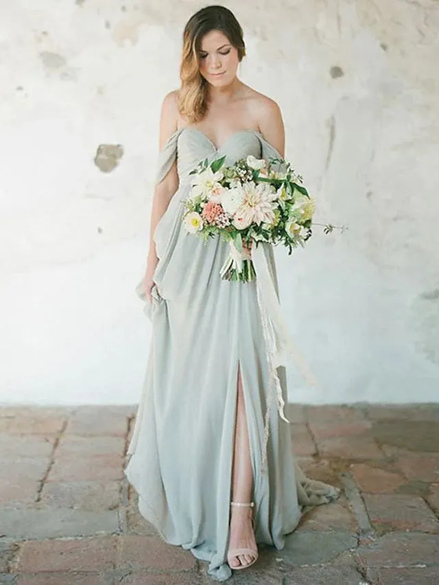 Luolandi A-Line Bridesmaid Dress Sweetheart Neckline Short Sleeve Furcal Floor Length Chiffon with Pleats