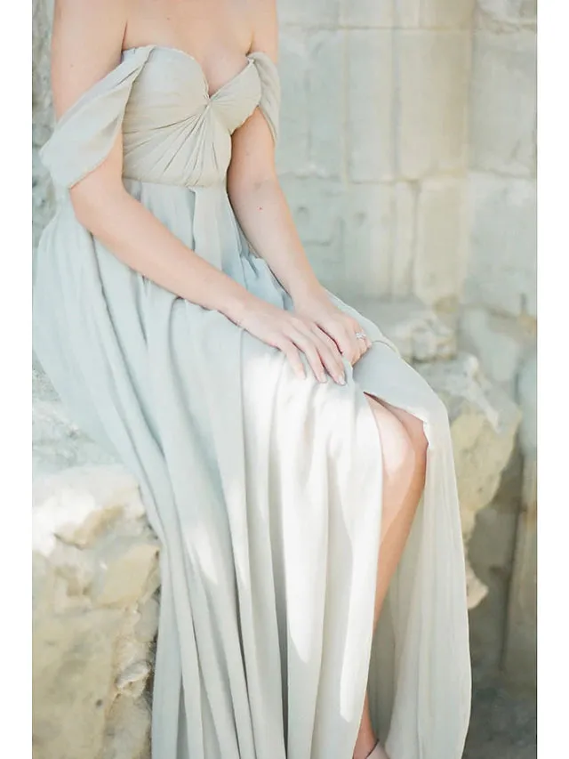 Luolandi A-Line Bridesmaid Dress Sweetheart Neckline Short Sleeve Furcal Floor Length Chiffon with Pleats