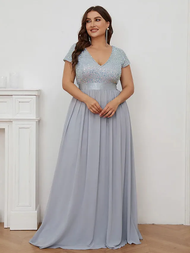Luolandi A-Line Bridesmaid Dress V Neck Short Sleeve Elegant Floor Length Chiffon