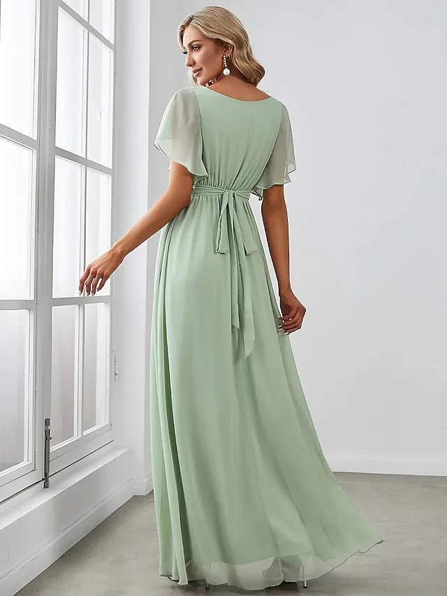 Luolandi A-Line Bridesmaid Dress V Neck Short Sleeve Elegant Stretch Chiffon with Ruffles