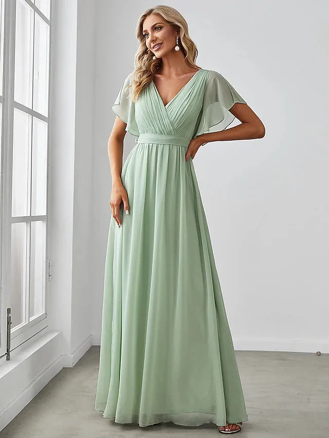 Luolandi A-Line Bridesmaid Dress V Neck Short Sleeve Elegant Stretch Chiffon with Ruffles