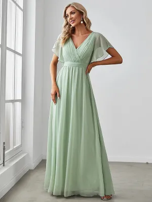 Luolandi A-Line Bridesmaid Dress V Neck Short Sleeve Elegant Stretch Chiffon with Ruffles