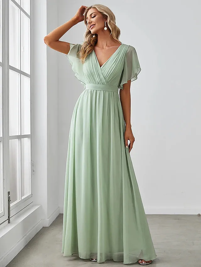 Luolandi A-Line Bridesmaid Dress V Neck Short Sleeve Elegant Stretch Chiffon with Ruffles