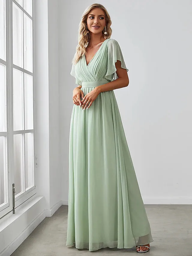 Luolandi A-Line Bridesmaid Dress V Neck Short Sleeve Elegant Stretch Chiffon with Ruffles