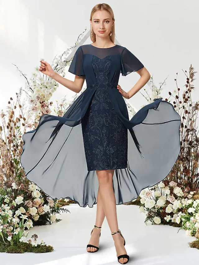 Luolandi A-Line Empire Elegant Wedding Guest Engagement Dress Jewel Neck Short Sleeve Asymmetrical Knee Length Chiffon Mother of the Bride Dress