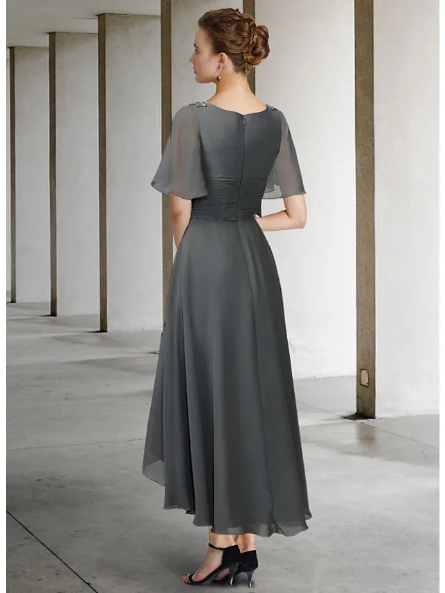 Luolandi A-Line Mother of the Bride Dress Elegant High Low V Neck Asymmetrical Chiffon Short Sleeve with Pleats