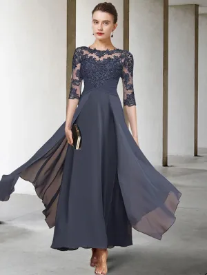 Luolandi A-Line Mother of the Bride Dress Elegant Jewel Neck Ankle Length Chiffon Lace Short Sleeve with Appliques