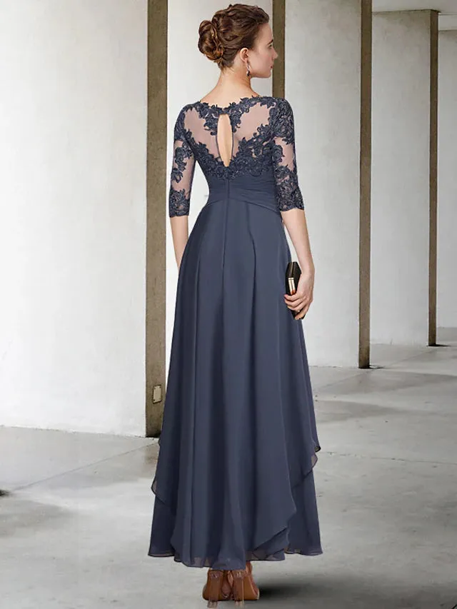 Luolandi A-Line Mother of the Bride Dress Elegant Jewel Neck Ankle Length Chiffon Lace Short Sleeve with Appliques