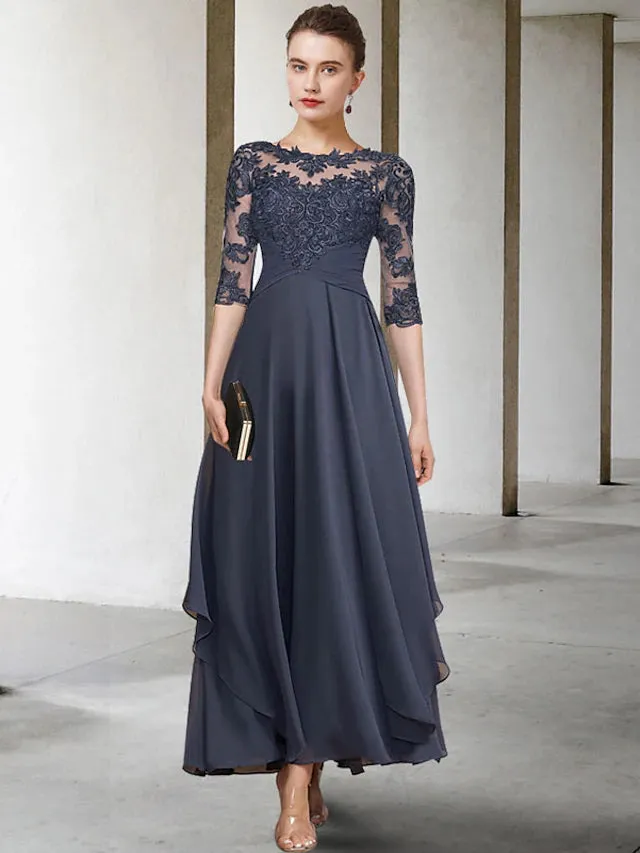 Luolandi A-Line Mother of the Bride Dress Elegant Jewel Neck Ankle Length Chiffon Lace Short Sleeve with Appliques