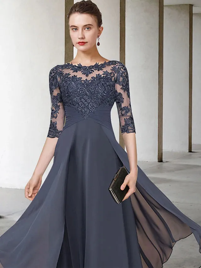 Luolandi A-Line Mother of the Bride Dress Elegant Jewel Neck Ankle Length Chiffon Lace Short Sleeve with Appliques