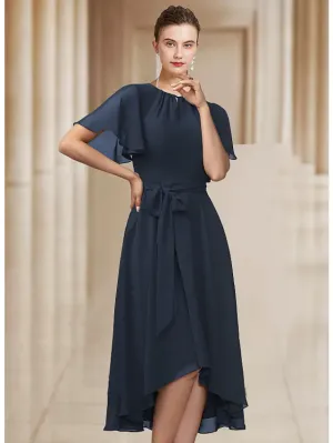 Luolandi A-Line Mother of the Bride Dress Elegant Jewel Neck Asymmetrical Chiffon Short Sleeve with Bow(s) Pleats Dark Navy