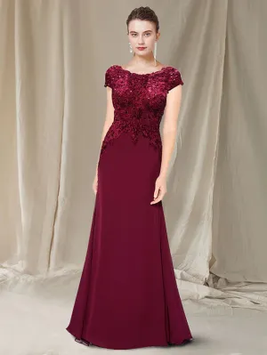 Luolandi A-Line Mother of the Bride Dress Elegant Jewel Neck Sweep / Brush Train Chiffon Lace Short Sleeve