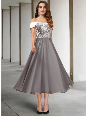 Luolandi A-Line Mother of the Bride Dress Elegant Off Shoulder Tea Length Chiffon Lace Short Sleeve with Appliques