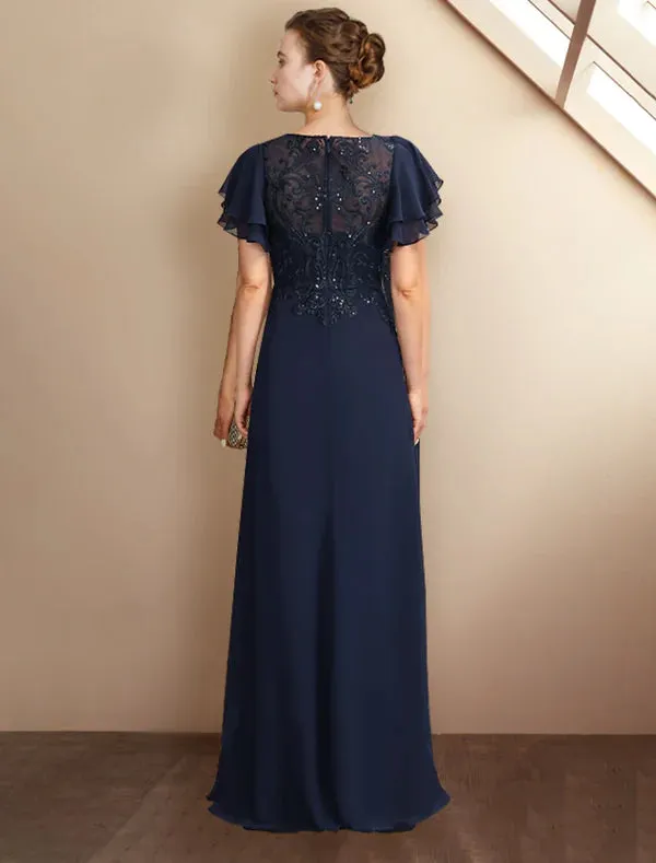 Luolandi A-Line Mother of the Bride Dress Plus Size Elegant Jewel Neck Floor Length Chiffon Lace Short Sleeve with Sequin Appliques Dark Navy