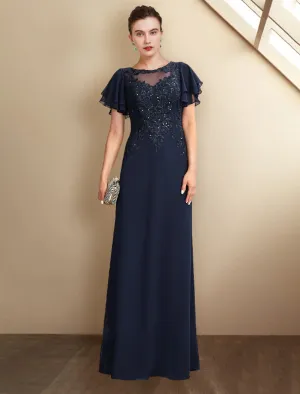 Luolandi A-Line Mother of the Bride Dress Plus Size Elegant Jewel Neck Floor Length Chiffon Lace Short Sleeve with Sequin Appliques Dark Navy