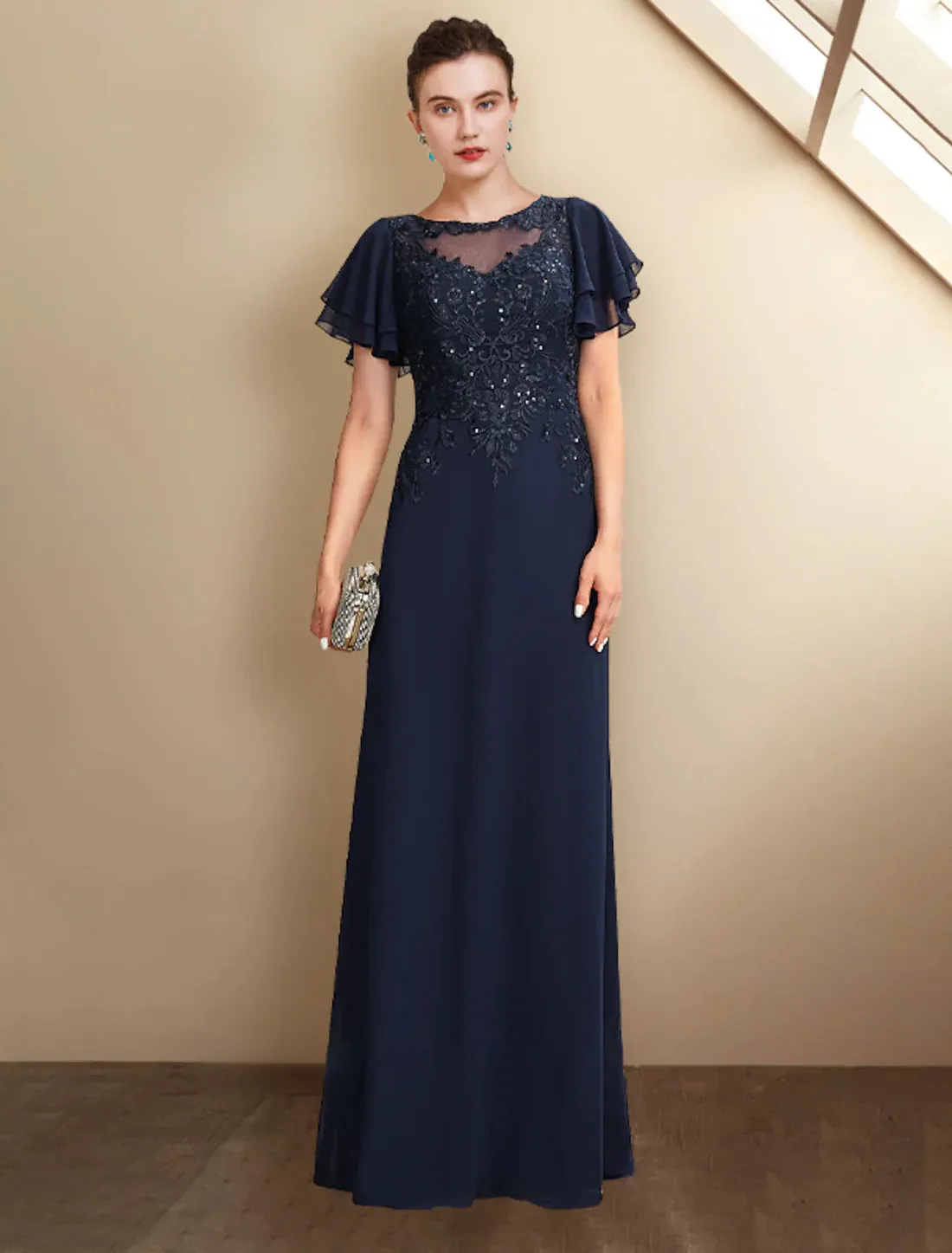 Luolandi A-Line Mother of the Bride Dress Plus Size Elegant Jewel Neck Floor Length Chiffon Lace Short Sleeve with Sequin Appliques Dark Navy