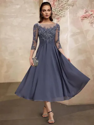 Luolandi A-Line Mother of the Bride Dress Plus Size Elegant Jewel Neck Tea Length Chiffon Lace Short Sleeve with Ruched Sequin