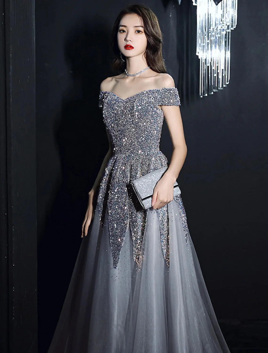 Luolandi A-Line Prom Dresses Elegant Dress Formal Floor Length Short Sleeve Off Shoulder Polyester